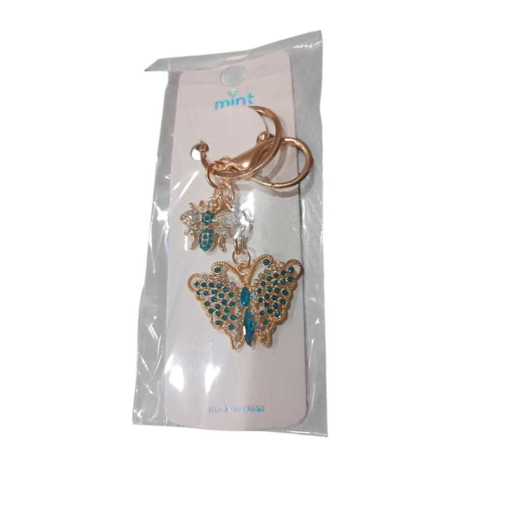 Beautiful Blue Rhinestone Butterfly Bumblebee Gold Tone Keychain Purse Charm